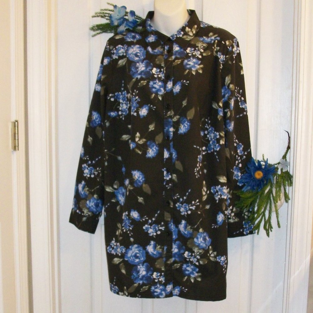 ROAMAN'S 18W Floral Print Button Down Shirt Long Sleeve Green Blue White